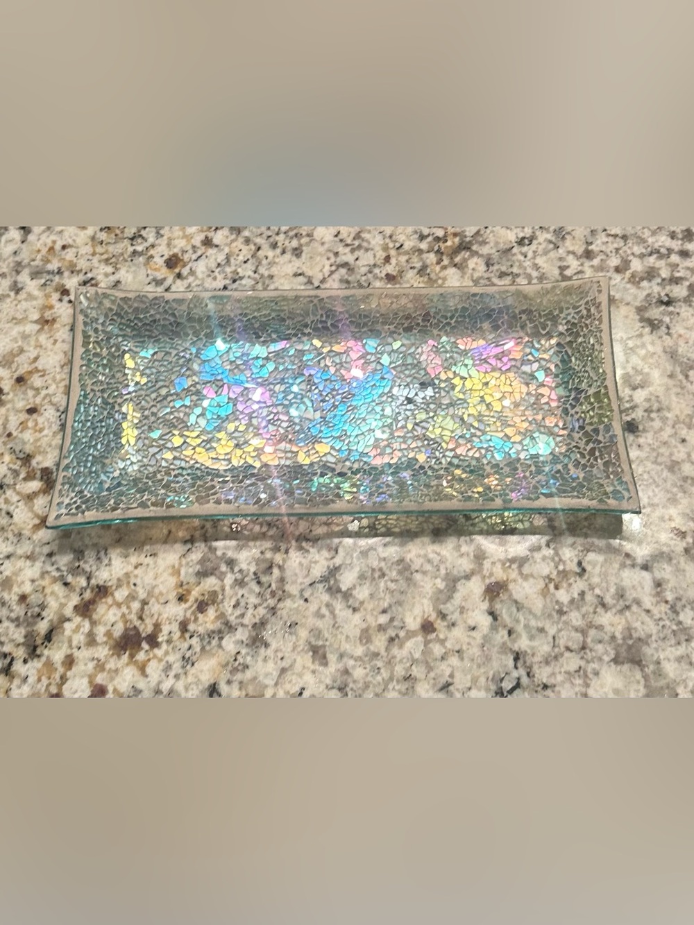 Iridescent Cracked Mosaic Glass Decorative Tray Vanity Catchall 12” Plate Dish